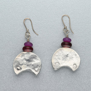 Purple jade, dyed amber and silver earrings
