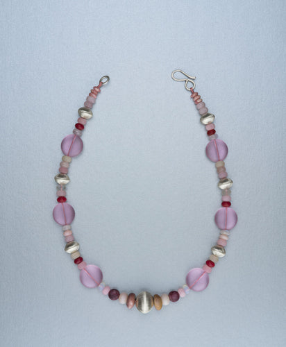 Beaded necklace with sea glass, semi precious stones and silver