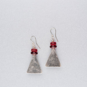 Silver triangle earrings with red beads