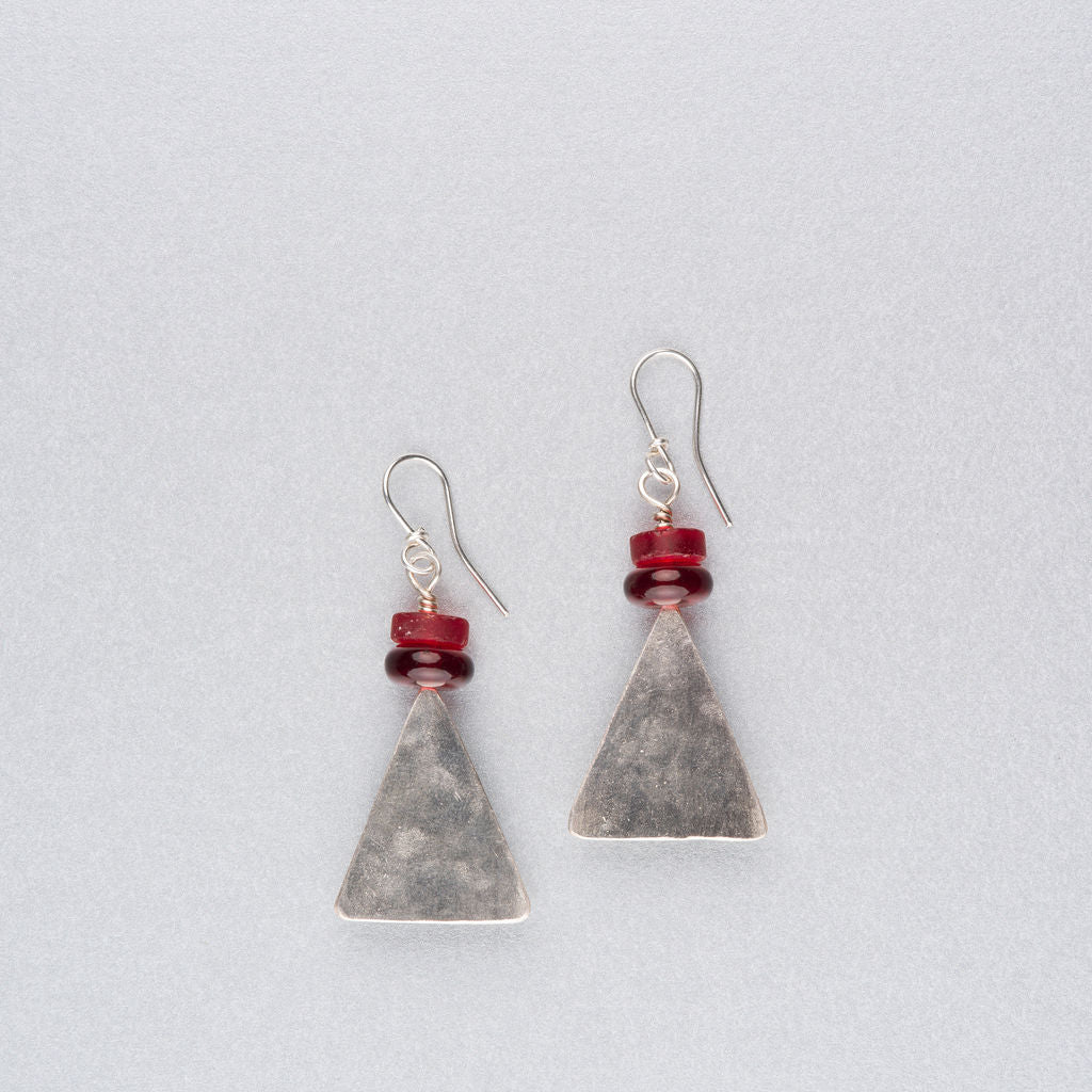 Silver triangle earrings with red beads