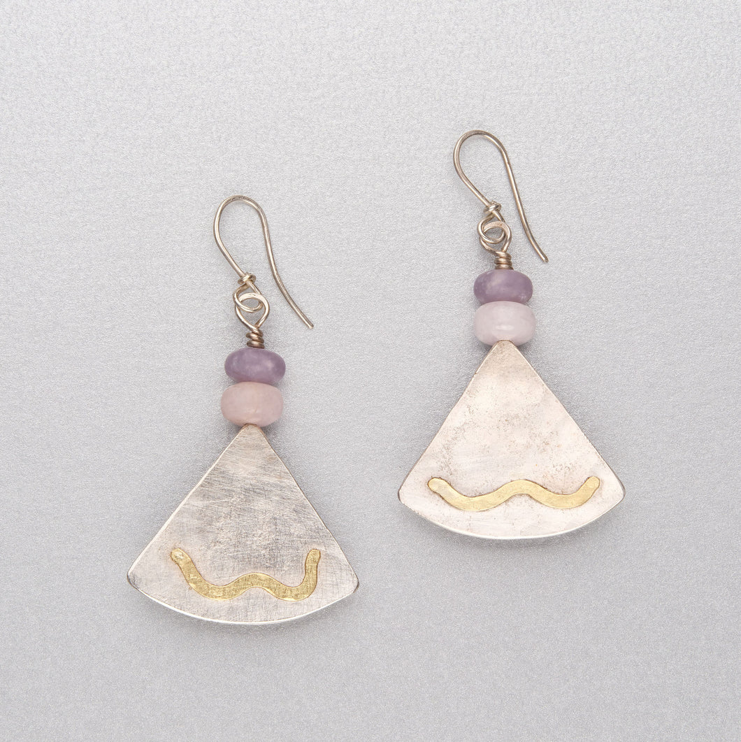 Morganite and lepidolite silver earrings with 18ct gold