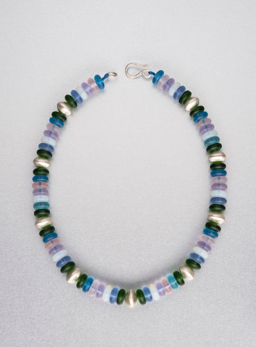 Multi coloured sea glass silver beaded necklace