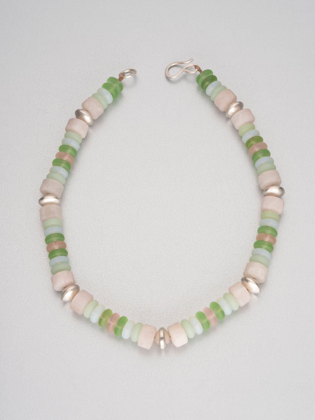 Beaded necklace with sea glass, rose quartz and silver.